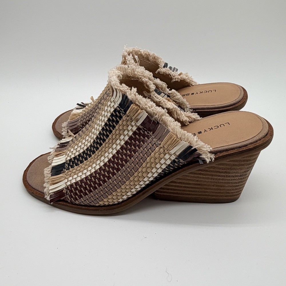 Lucky Brand Sandals Women's Sz 7 Leyshia Wedge Chunky Heel Mule Boho Woven